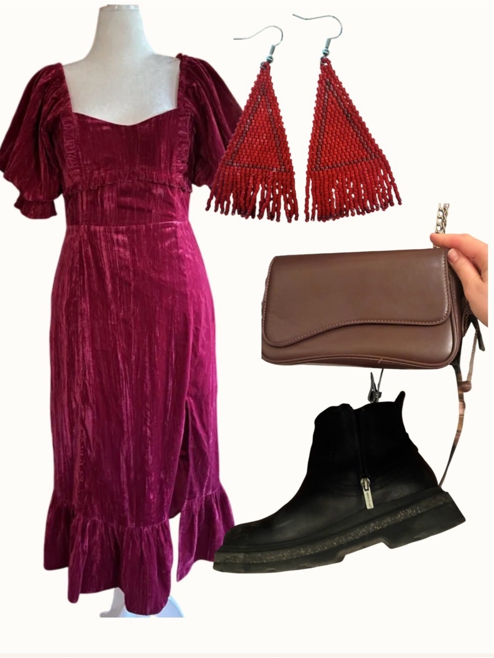 Adelyn Rae Velvet Midi Dress in Magenta with Puff Sleeves